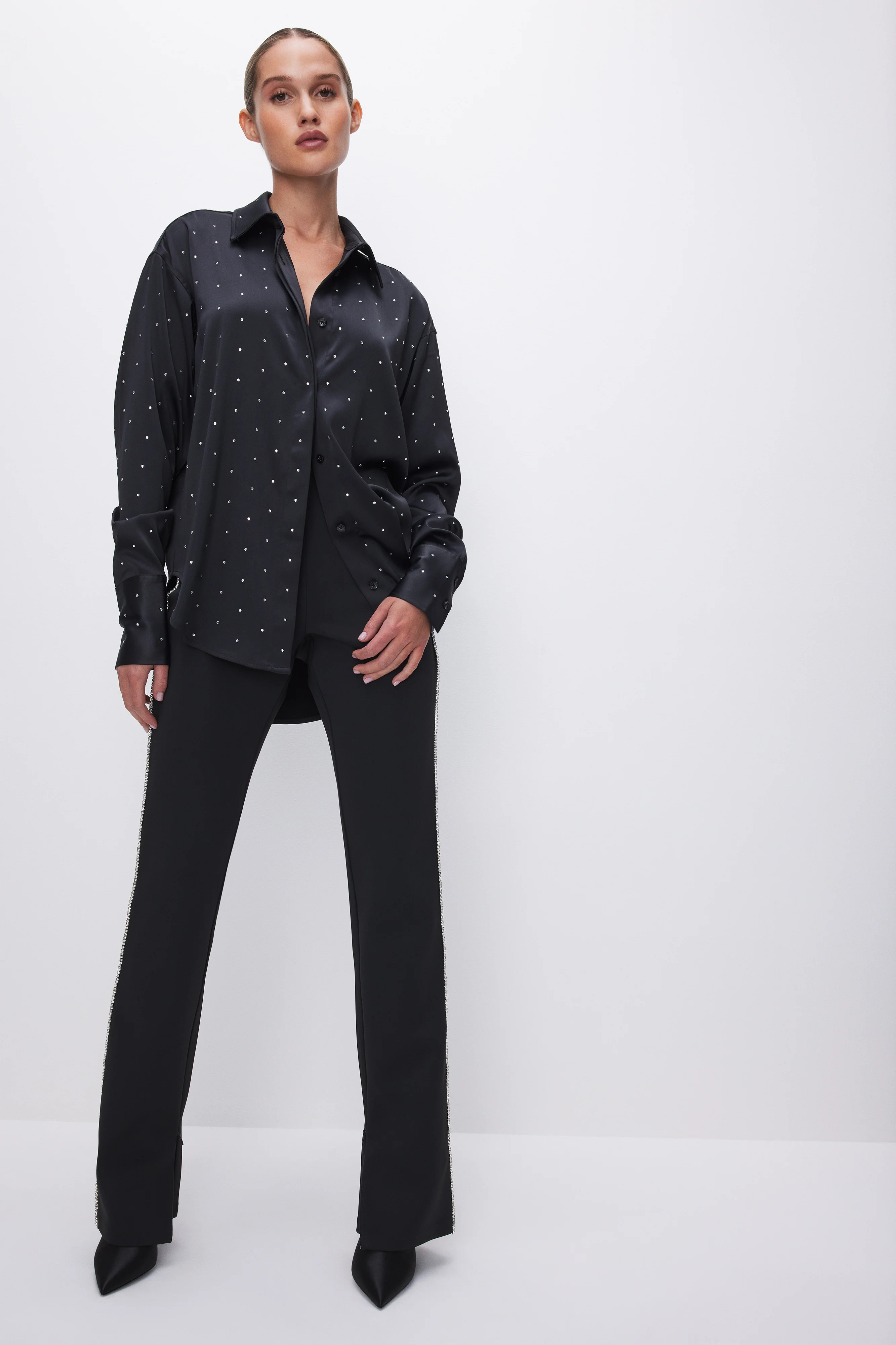 CRYSTAL STUDDED SATIN SHIRT | Good American