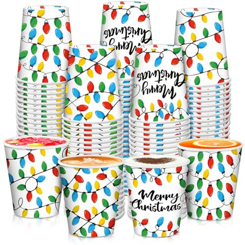 Funtery 100 Pieces Christmas Paper Cups Disposable Coffee Light Bulbs Insulated Coffee Paper Cups 9 Ounce Drinking Tea Christmas for Daily Use Holiday Party | Amazon (US)