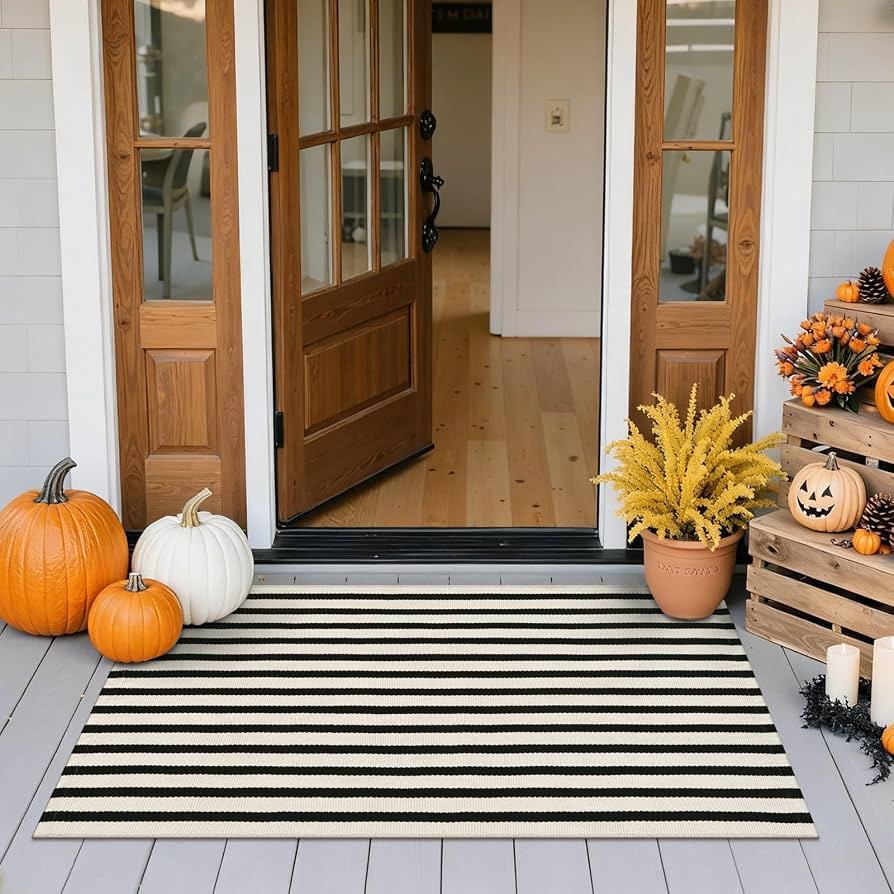 Striped Outdoor Fall Front Door Mat 24"x51", Washable Black and White Rug Runner Cotton Hand Wove... | Amazon (US)