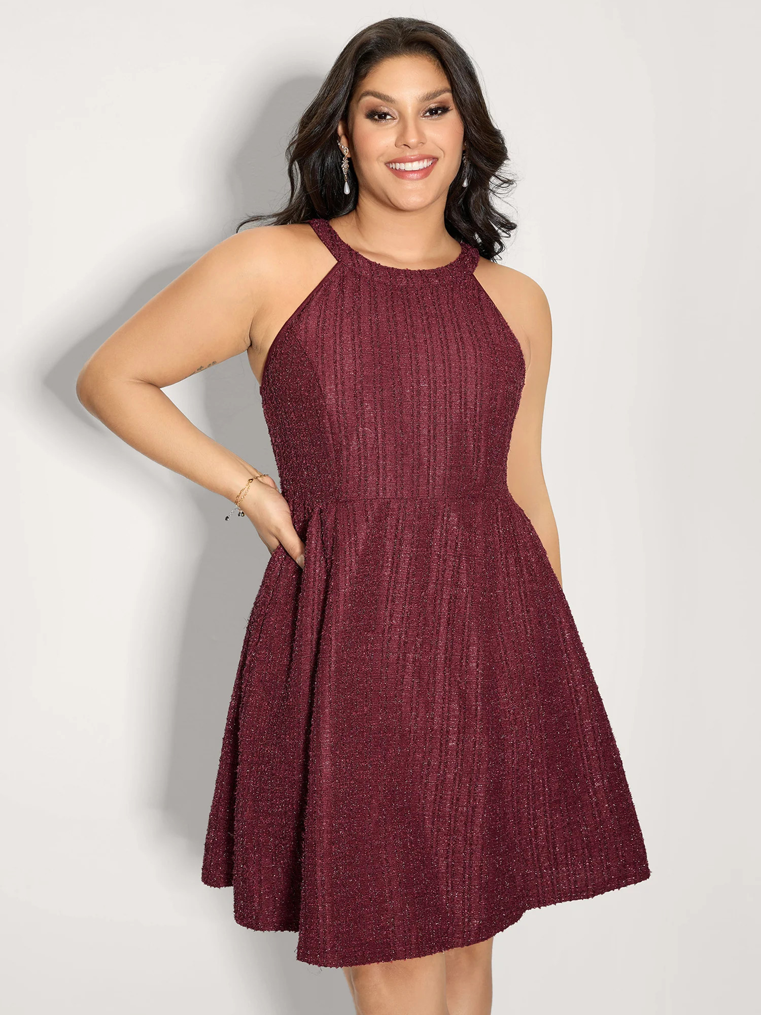 Tweed Textured Halter Neck Mini Dress | Bloomchic