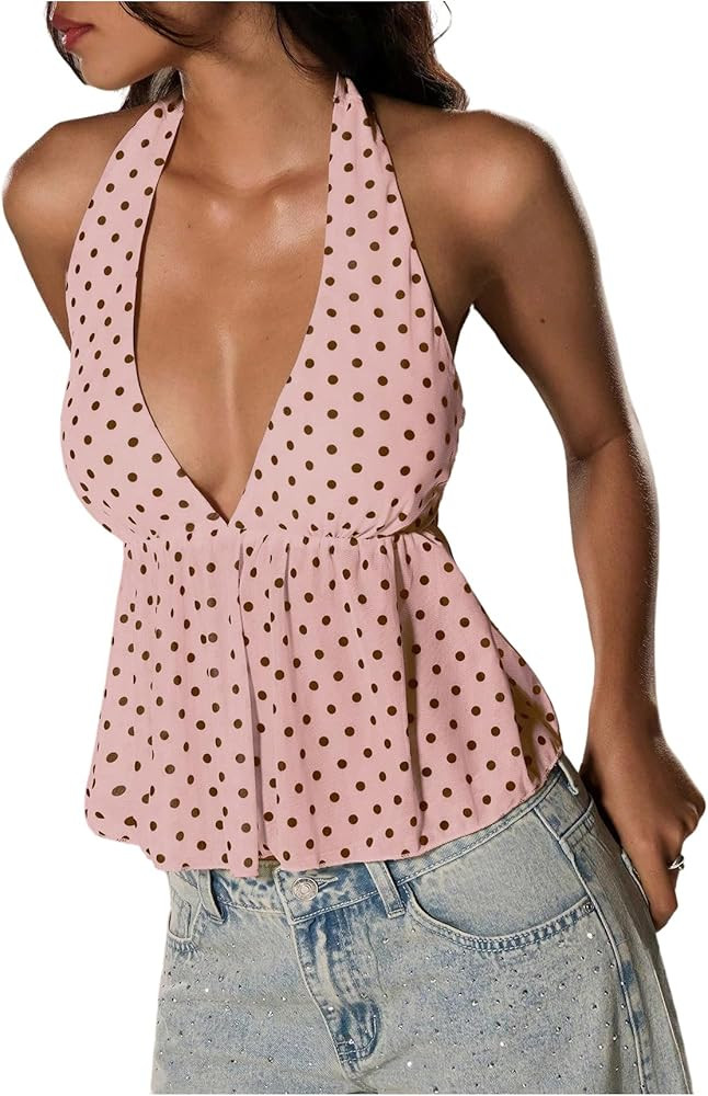 Milumia Women's Y2K Polka Dots Tie Backless Halter Top V Neck Ruffle Hem Peplum Going Out Crop Ta... | Amazon (US)