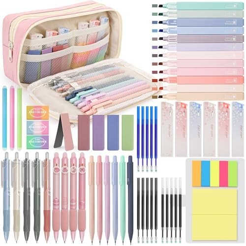 61 PCS Aesthetic School Supplies with Cute Pencil Case, Pastel No Bleed Highlighters, Gel & Erasa... | Amazon (US)
