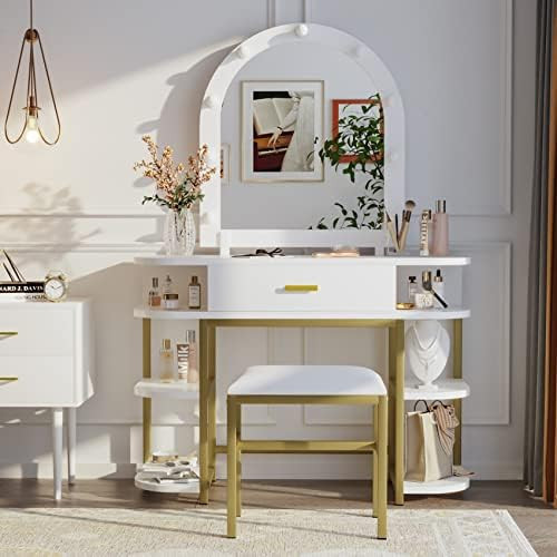 Semiocthome White Vanity Mirror with Lights and Table Set with Drawers, 9 LED Lights Makeup Vanit... | Amazon (US)