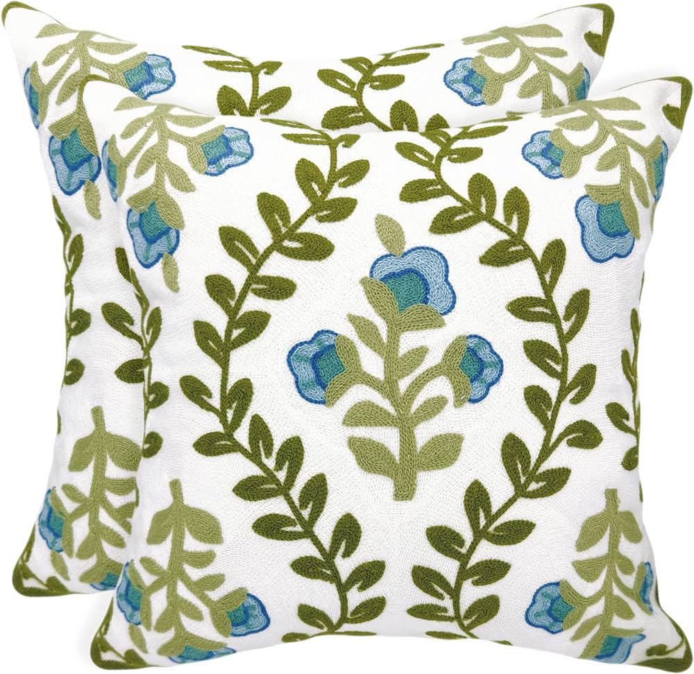 Floral Embroidered Summer Decorative Throw Pillow Covers 18"x 18" Set of 2, Farmhouse Cottage Blu... | Amazon (US)