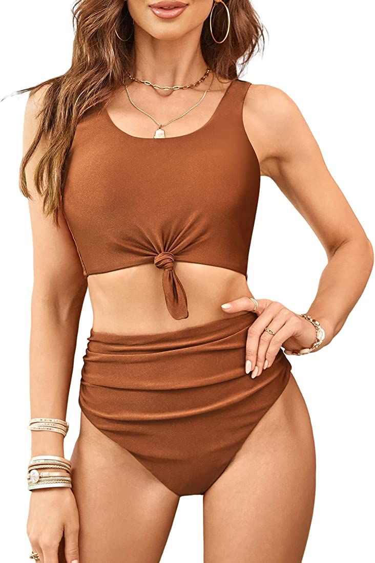 ZAFUL Women's Knot Scoop Neck Bikini Set Ruched High Waisted Two Piece Swimsuits Tankini… | Amazon (US)