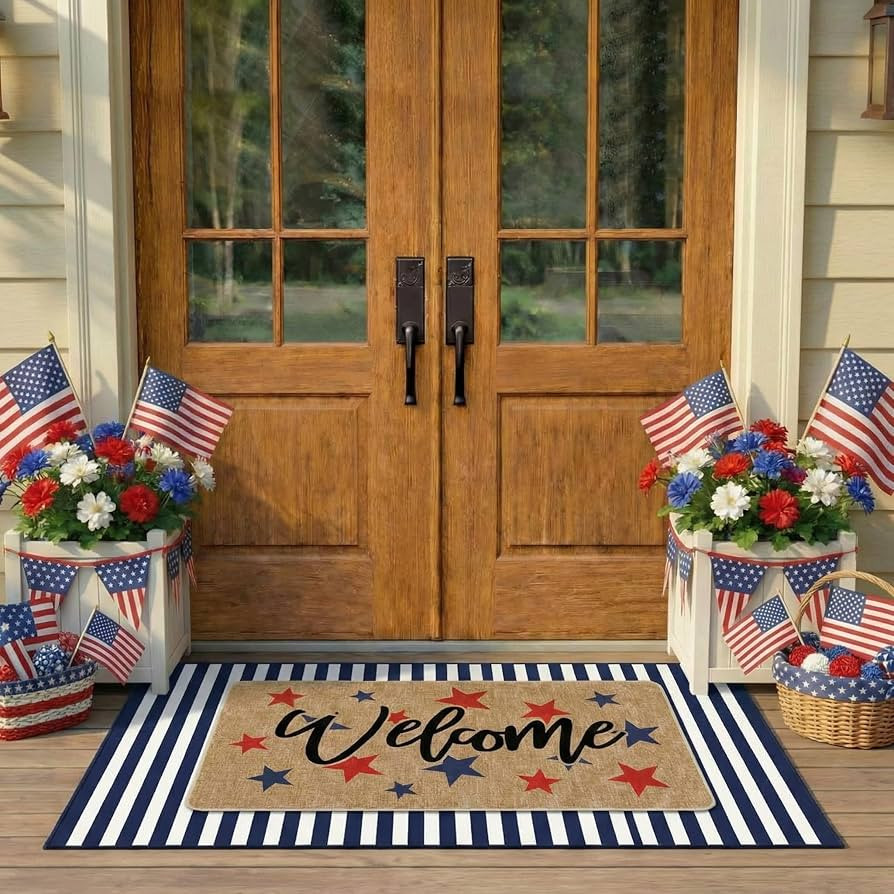 Tinideya 2 Pcs 4th of July Door Mat Outdoor Patriotic Memorial Day Welcome Doormat for Front Door... | Amazon (US)