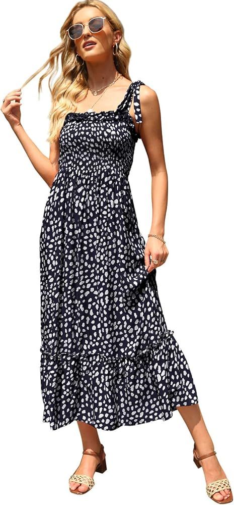 Lucien Hanna Women's Summer Tie Straps Cotton Sleeveless Irregular Polka Dot Ruffles Midi Dress | Amazon (US)