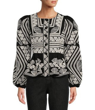 Antonio Melani x Jennifer Sumko Kathleen Embroidered Twill Crew Neck Button Front Puffed Long Sle... | Dillard's