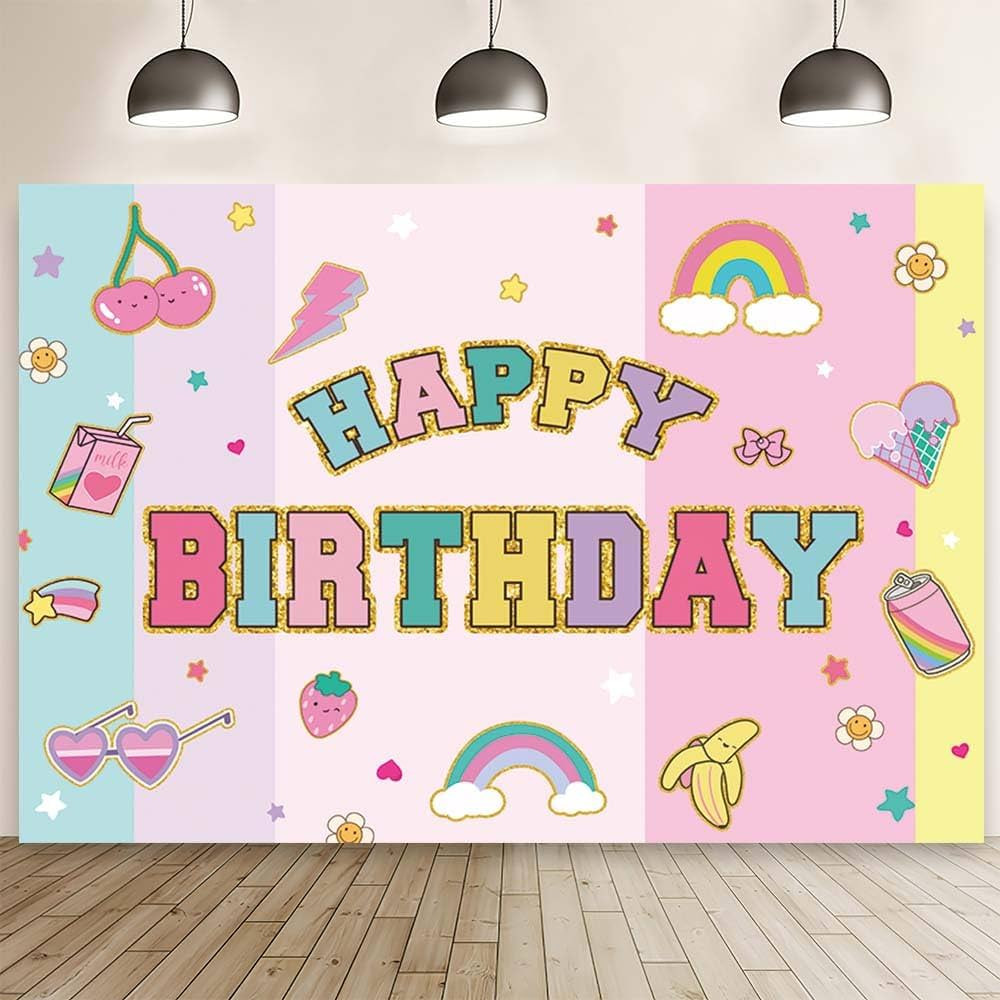 MEHOFOND 7x5ft Preppy Happy Birthday Backdrop Patch Birthday Party Photography Background Rainbow... | Amazon (US)