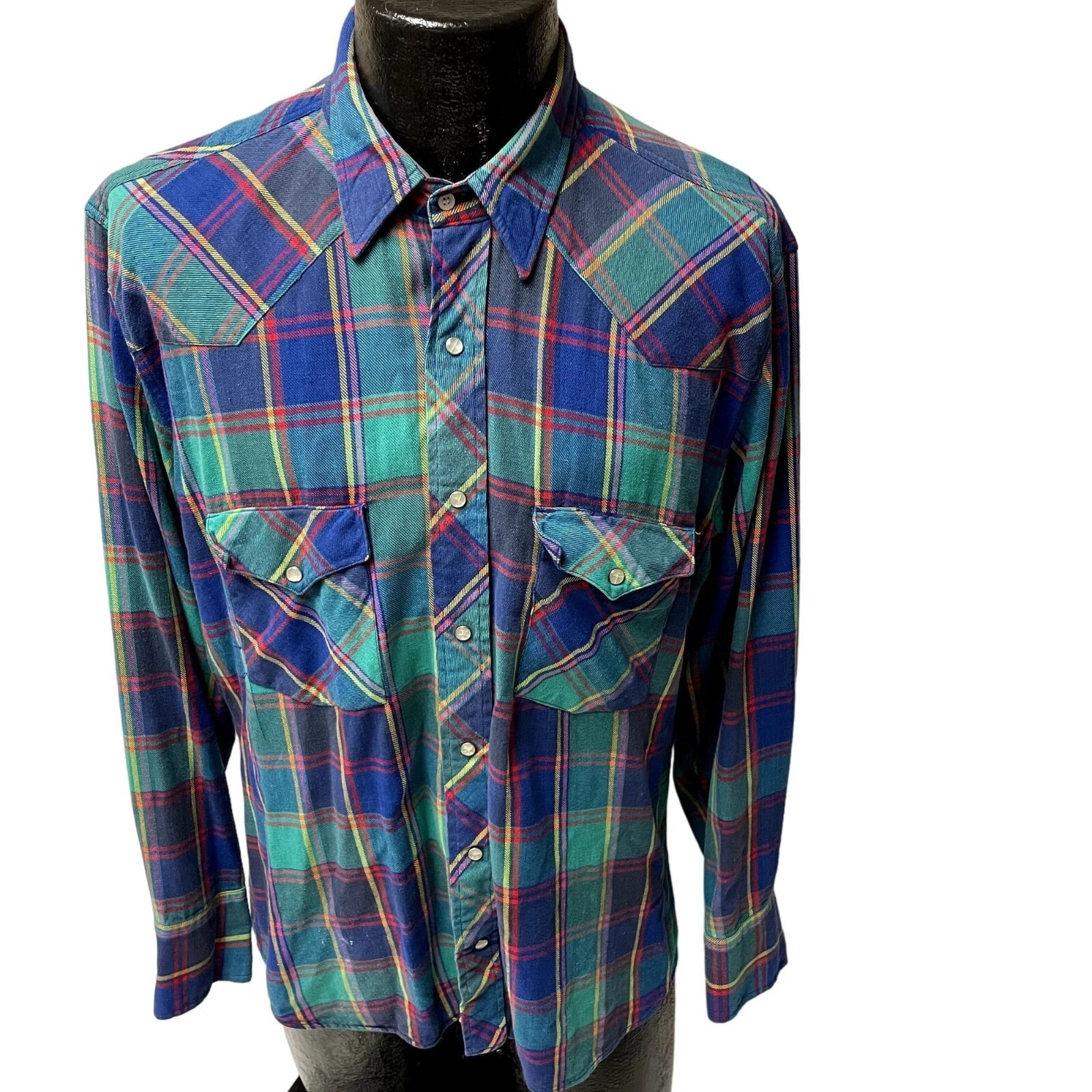 Vtg 80's Wrangler Blue TARTAN Plaid Cowboy Western FLANNEL Pearl Snap Shirt L | eBay | eBay US