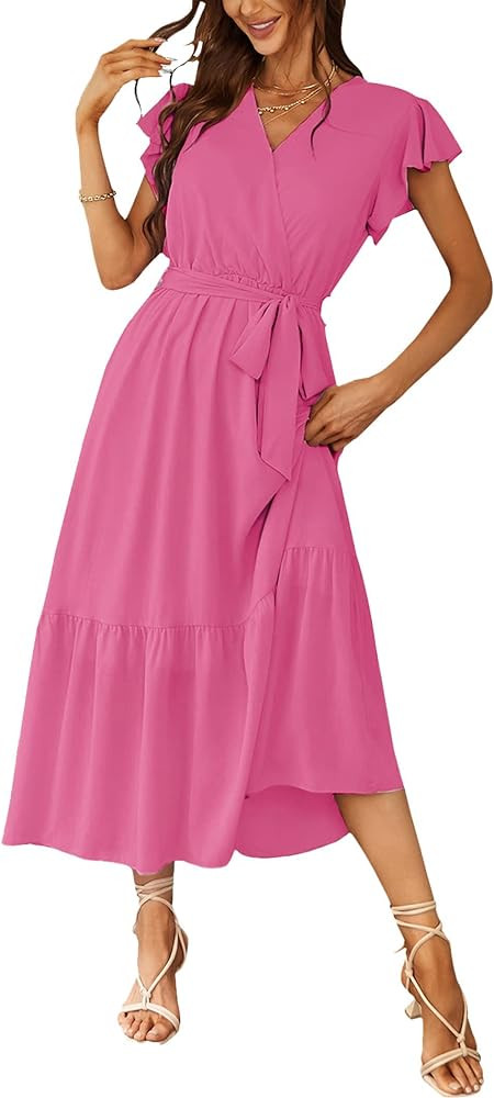 PRETTYGARDEN Women's 2023 Floral Summer Dress Wrap V Neck Short Sleeve Belted Ruffle Hem A-Line B... | Amazon (US)