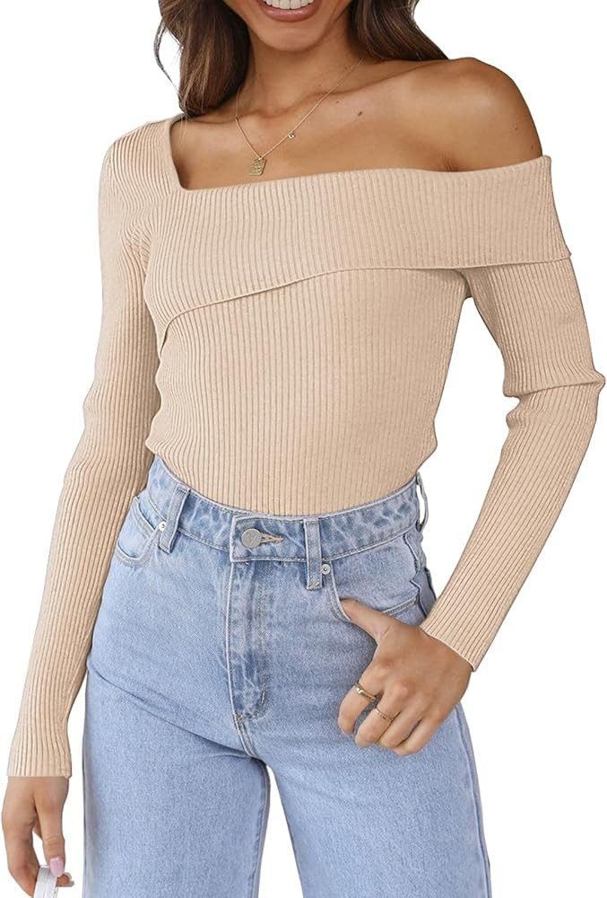 LILLUSORY Womens Off The Shoulder Sweaters Going Out Fall Sexy Knit Pullover Lightweight Asymmetr... | Amazon (US)