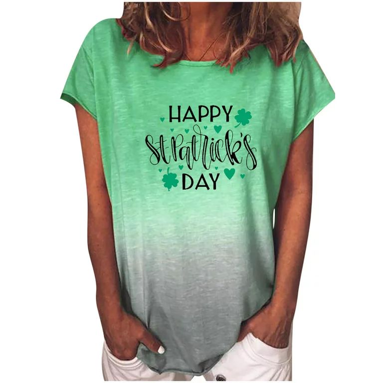 St. Patrick's Day Shirts for Women Plus Size Gradient Letter Shamrocks Print Short Sleeve Tee Shi... | Walmart (US)