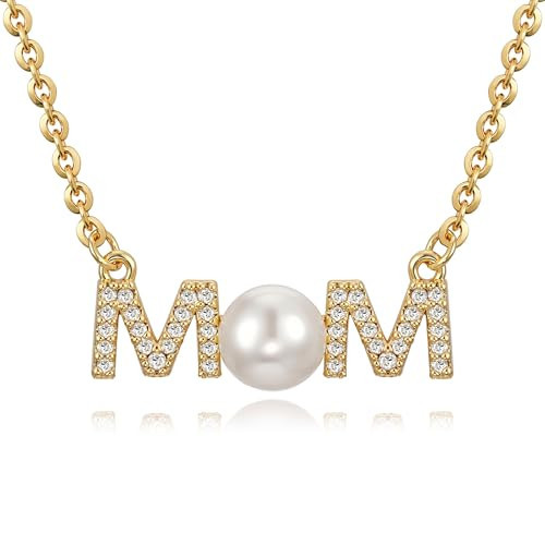 Fettero Mothers Day Gifts for Mom Daughter - Dainty 14K Gold Plated Mom Necklaces for Women Letter Pendant Necklace Trendy Pearl Jewelry Mothers Day Gifts for Women | Amazon (US)