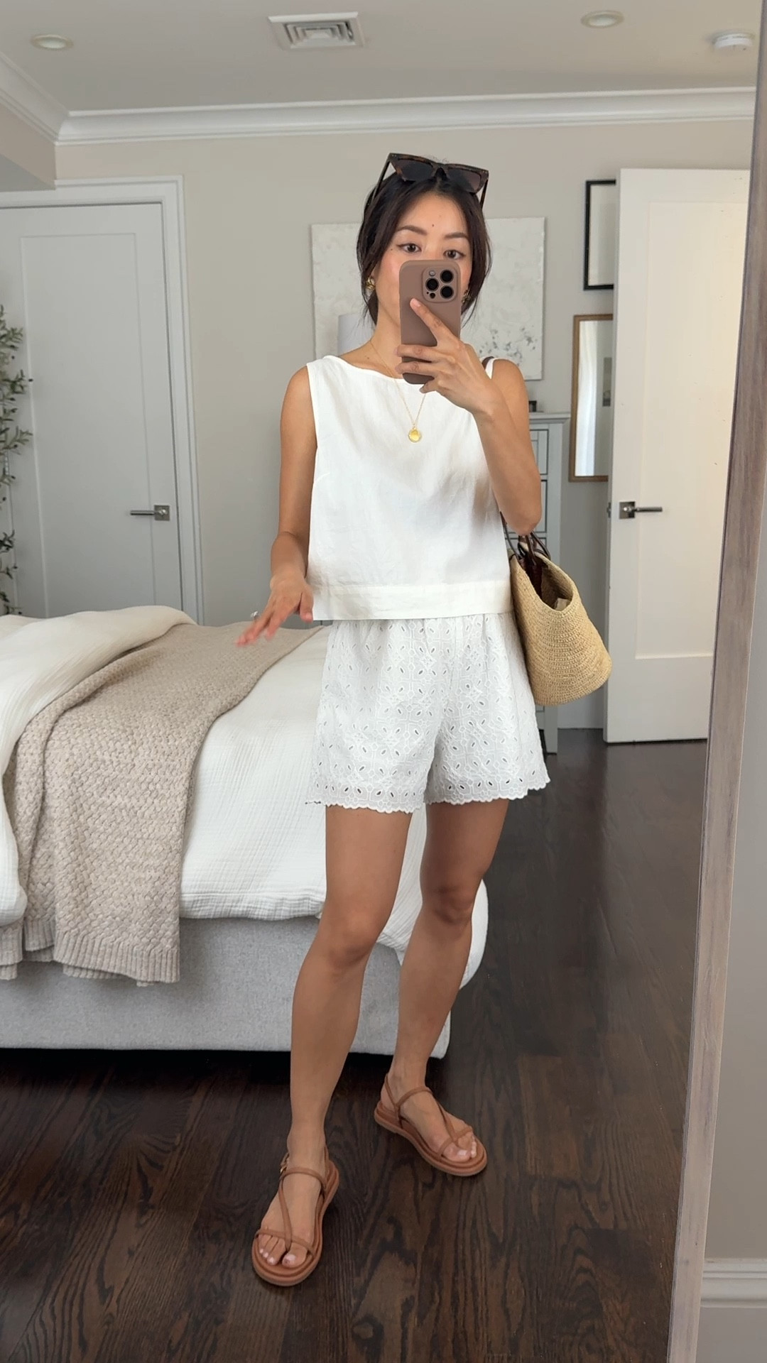 Chic and cool summer outfit,
Both top and shorts also come in black. Black crop top would also be cute with the matching linen skort linked

• Gap linen-blend cropped tank top xs petite , swingy looser fit on me

• Gap cotton eyelet shorts xs petite, also in black. Fully elastic waist.

Fits big on me but so cute and good quality. 100% cotton and lined with pockets

• a favorite wireless comfy tee shirt bra, cups run slightly small 

• Dolce Vita sandals 5

• Sezane Justin woven tote bag

Petite friendly, matching sets, 2 pc top and shorts set, summer outfit

#LTKFindsUnder100 #LTKPetite #LTKSummerEdit