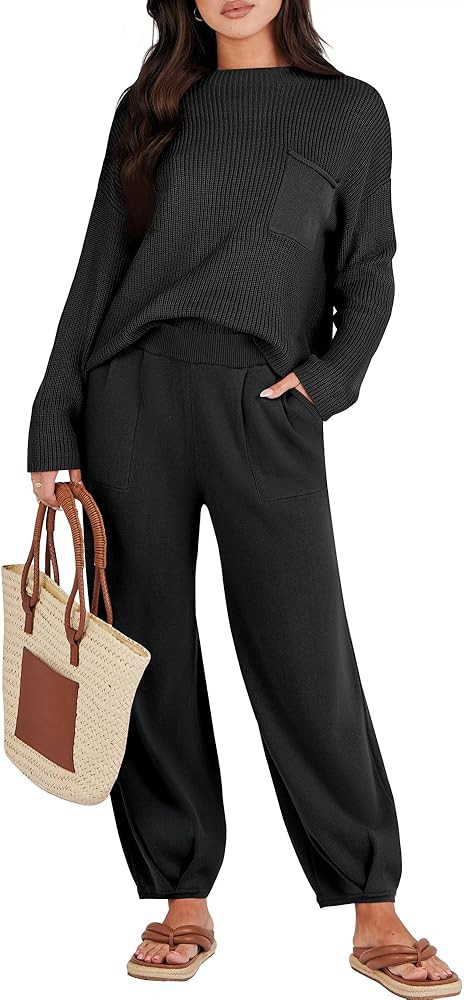 Caracilia Womens 2 Piece Outfits Sweater Sets Long Sleeve Knit Tops and Loose Pants Classy Matchi... | Amazon (US)