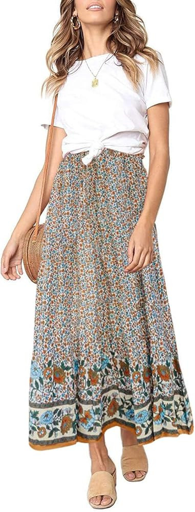 MEROKEETY Women's Boho Floral Print Elastic High Waist Pleated A Line Maxi Skirt | Amazon (US)