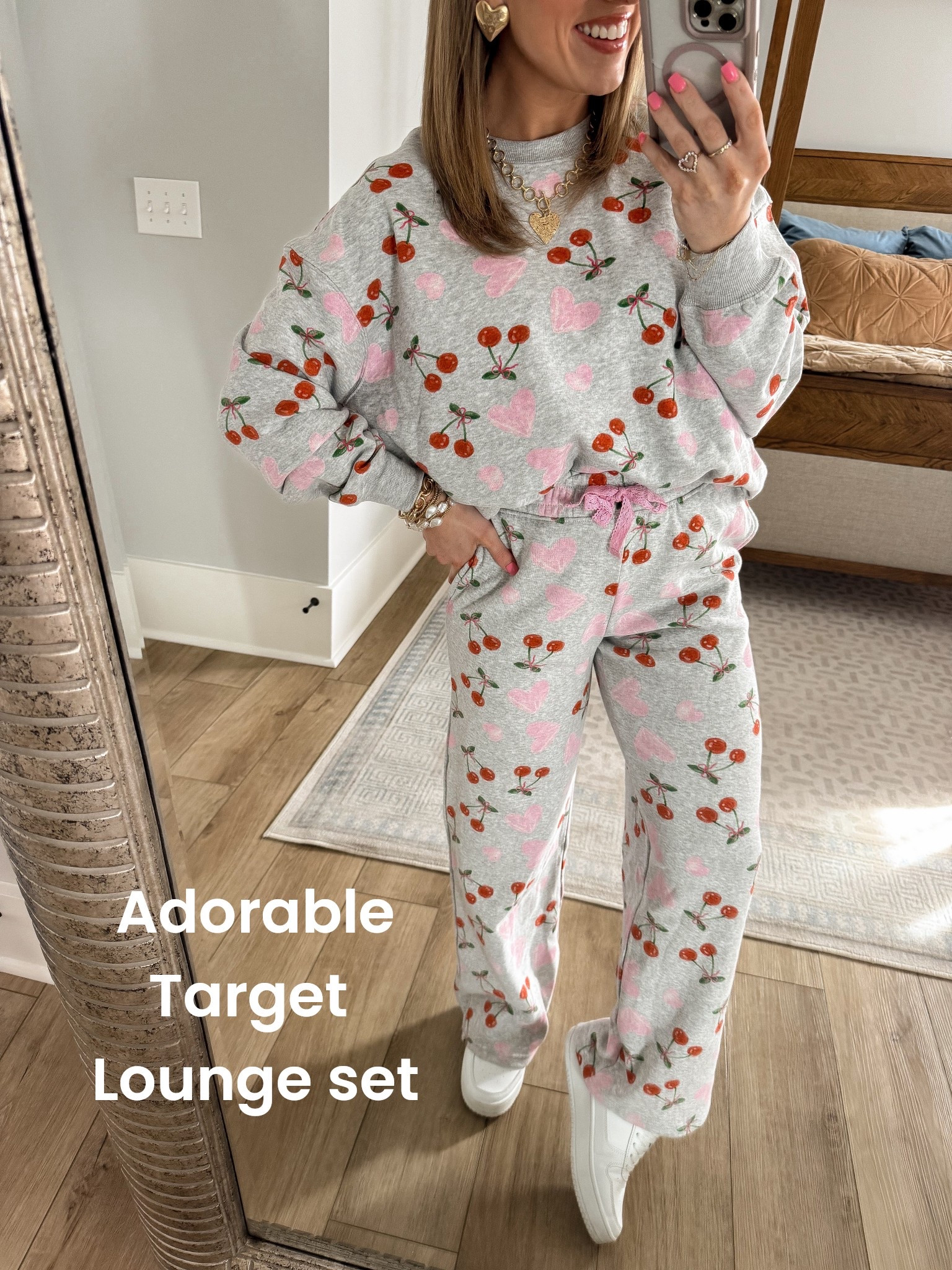 This Target lounge set is giving all the cute, cozy vibes 🍒💗 I’m obsessed with the sweet cherries and hearts print — the perfect mix of playful and comfy for Valentine’s season and beyond. The sweatshirt is soft and relaxed, the matching joggers have the best easy fit, and together they make the ultimate lounge-to-errands outfit. Perfect for slow mornings, coffee runs, school drop-off, or cozy nights at home when you still want to feel put together. If you love affordable Target loungewear, cute matching sets, and fun Valentine-inspired details, this set is such a must-have.

#TargetStyle #TargetFinds #LoungewearSet #MatchingSet #ValentinesLoungewear #CherryPrint #HeartPrint #CuteAndComfy #EverydayStyle #MomStyle #AffordableFashion #CozyOutfits #WeekendWear #StyleInspo