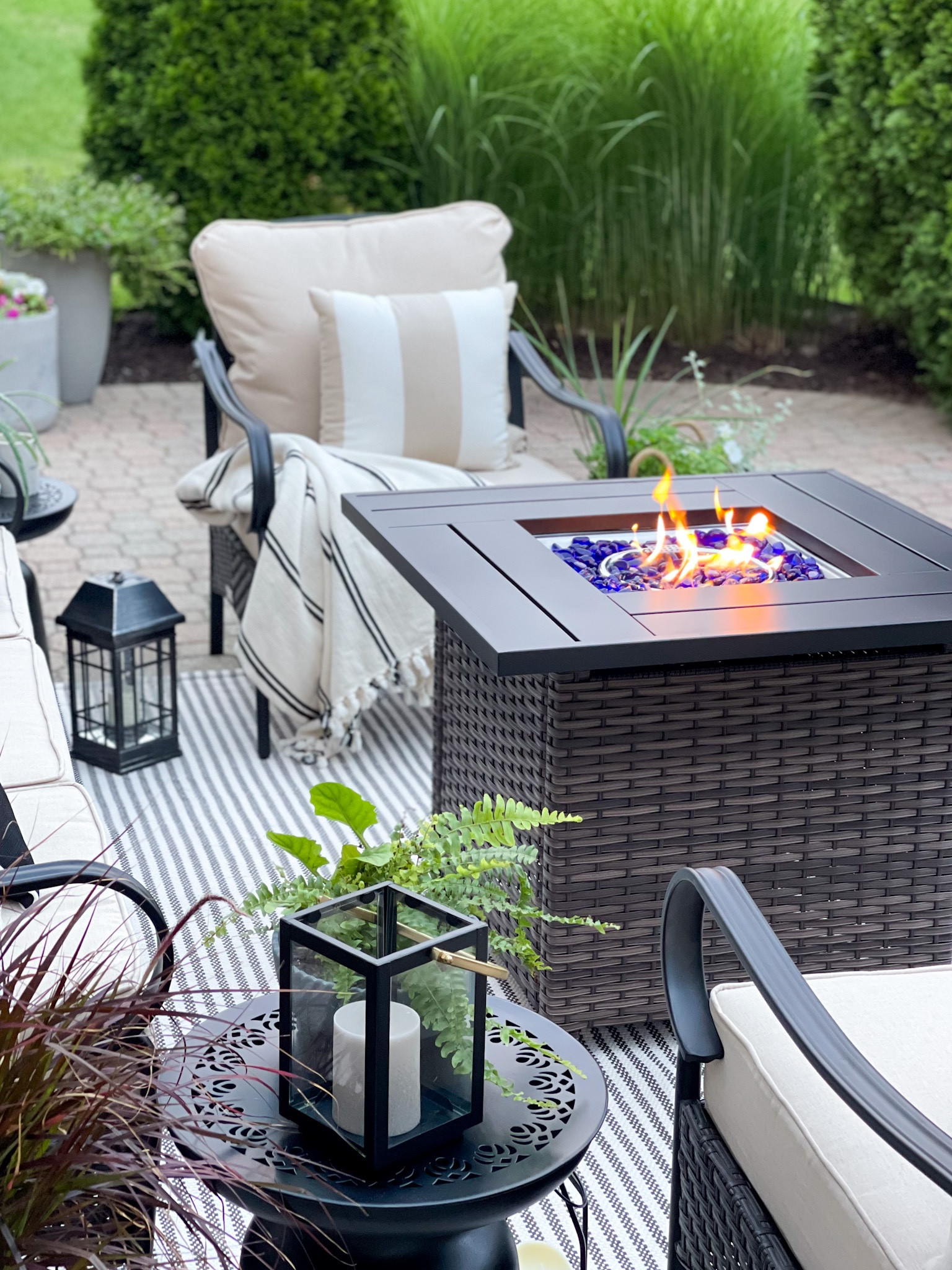Patio furniture, outdoor furniture, Amazon, neutral decor, home design, outdoor spaces, fire table, fireplace, couch, chairs, pillows, outdoor decor, outdoor rugs, home decor, black, khaki, stripes, Pottery Barn, Walmart, cozy, seasonal, paver patio

#LTKSeasonal #LTKhome #LTKFind