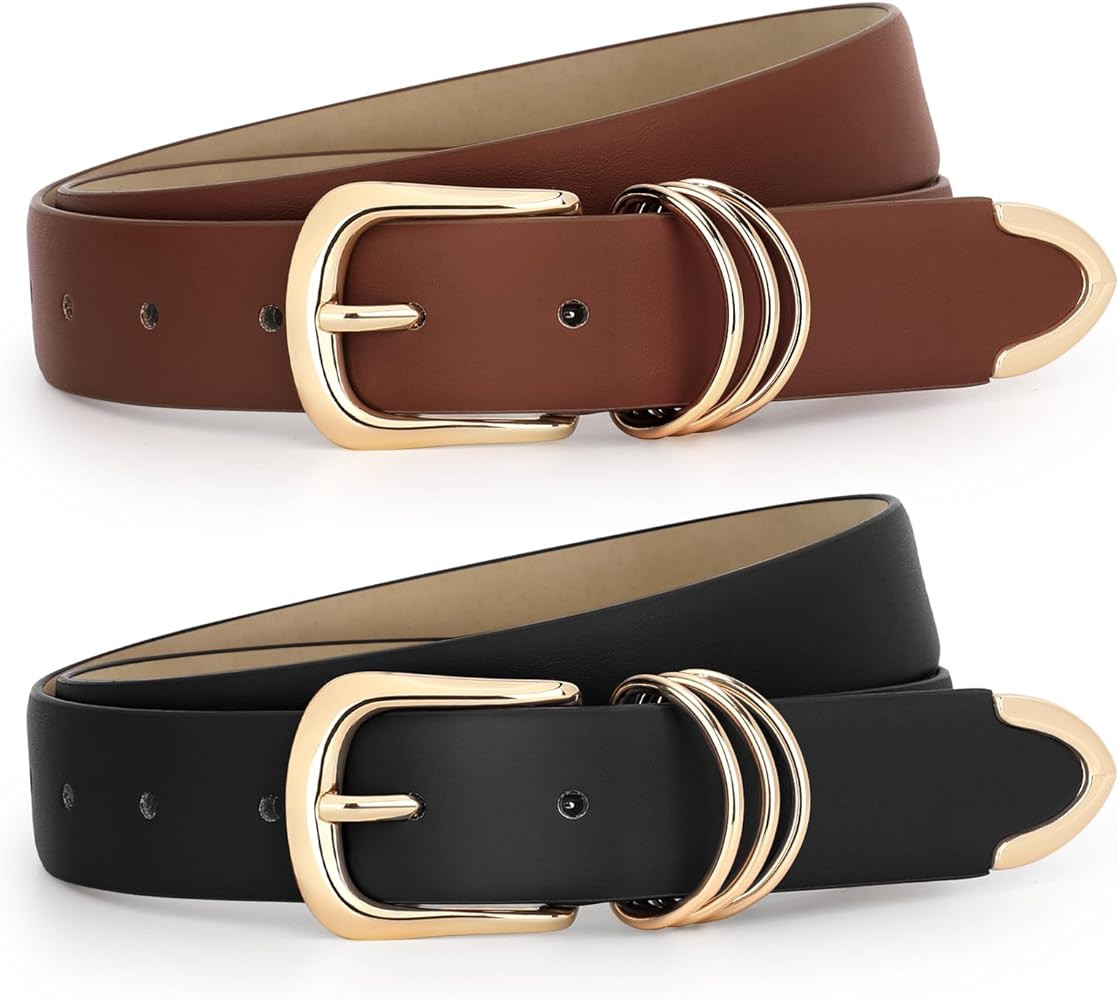 JASGOOD 2 Pack Women Leather Belt for Jeans Pants Dress Fashion Gold Buckle Ladies PU Leather Bel... | Amazon (US)