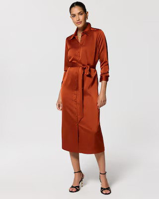 Women's Petite Satin Midi Shirt Dress in Bronze Heat size Large | White House Black Market | White House Black Market