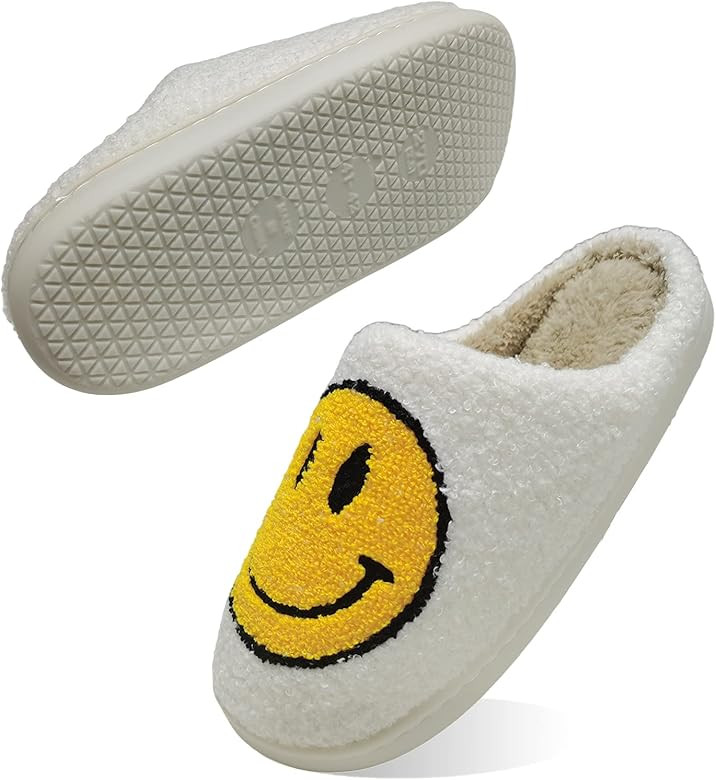 Amazon.com | Women's Men's Smiley Face Plush Fluffy Slippers Memory Foam Home Cute Cartoon Non Sl... | Amazon (US)