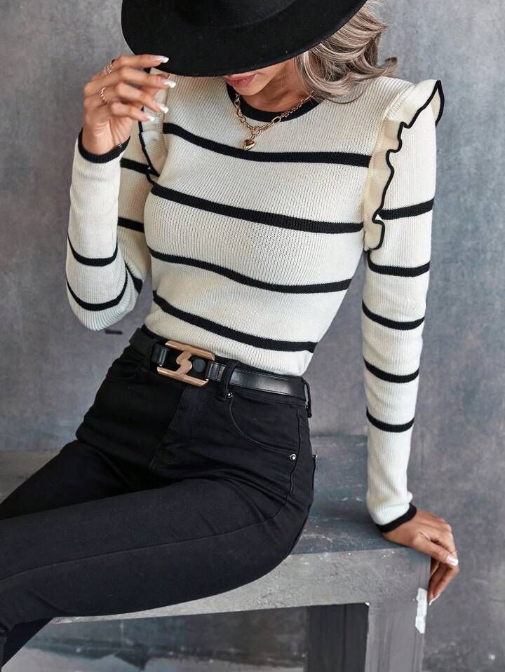SHEIN Frenchy Striped Pattern Ruffle Trim Sweater | SHEIN
