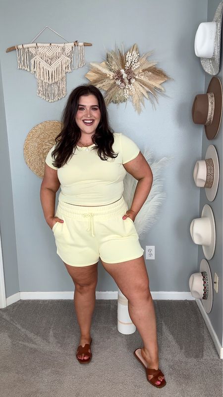 Color of the season: pale yellow 🌼✨☀️ Affordable short sleeve T-shirt + soft drawstring fleece shorts. Comfy casual spring outfit. Top XL shorts XXL 

#LTKstyletip #LTKSeasonal #LTKfindsunder50
