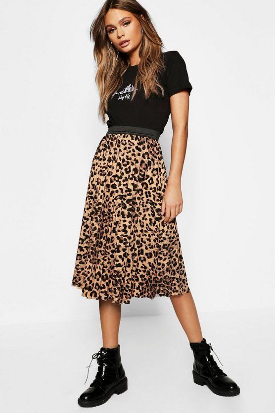 Leopard Print Pleated Midi Skirt | Boohoo.com (US & CA)