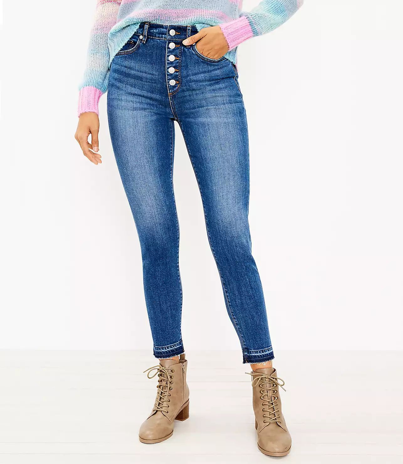 Button Front High Rise Skinny Jeans in Pure Dark Indigo Wash | LOFT