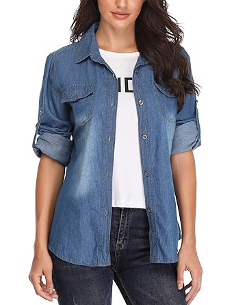MISS MOLY Denim Shirt for Women Rolled Long Sleeves Cotton Washed Point Collar Chambray Western J... | Amazon (US)