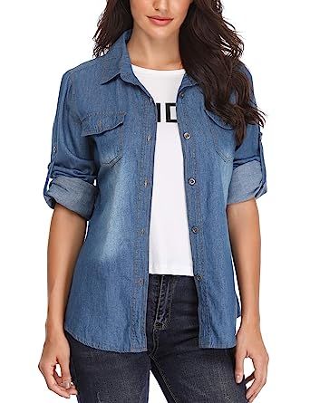 MISS MOLY Denim Shirt for Women Rolled Long Sleeves Cotton Washed Point Collar Chambray Western J... | Amazon (US)