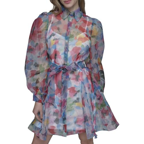 Karl Lagerfeld Women's Long Sleeve Collared Organza Overlay Belted Mini Dress | Amazon (US)