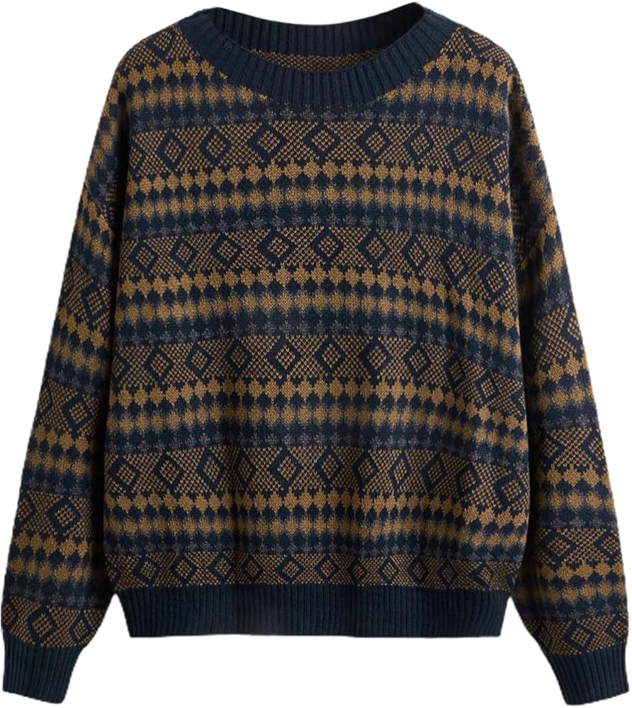 MakeMeChic Women's Plus Size Argyle Print Long Sleeve Vintage Pullover Sweater | Amazon (US)