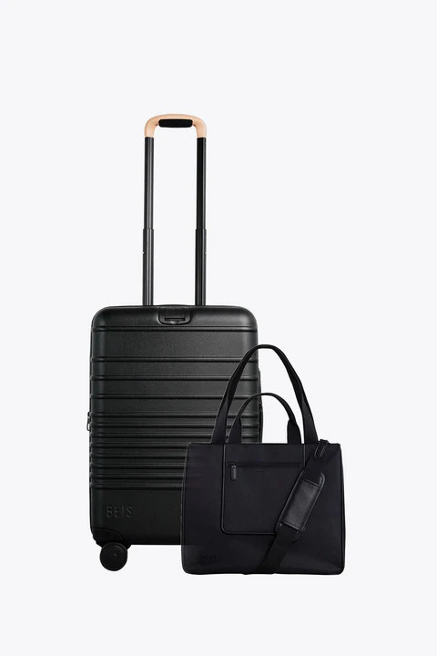 BÉIS 'The Tote Travel Set' in Black - 21" Carry On Roller & East to West Tote Bag Set | BEIS