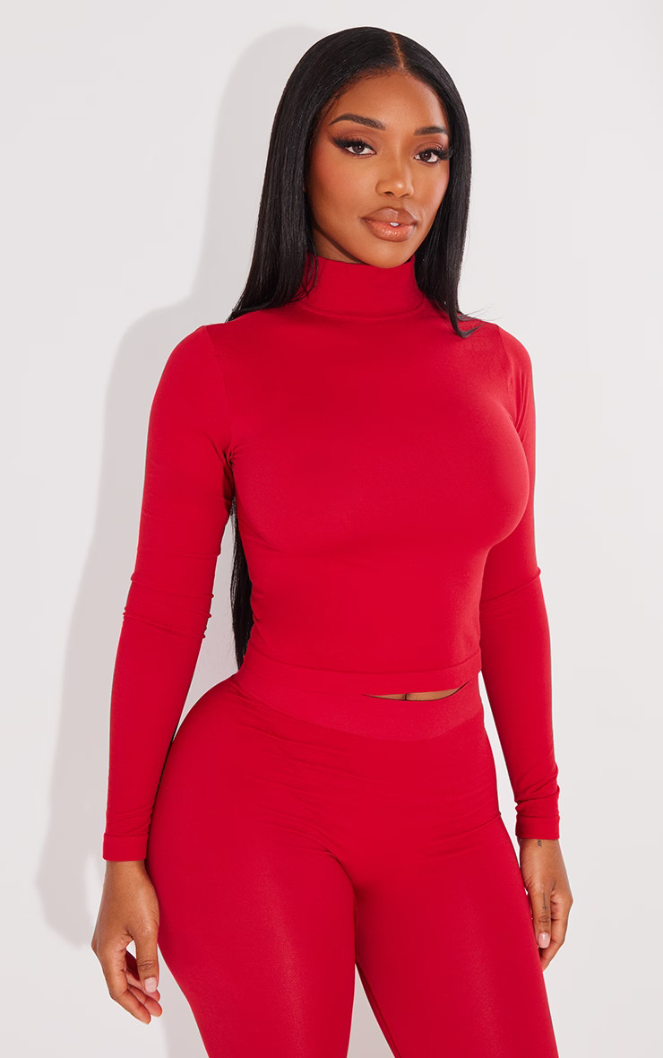 Shape Cherry Red Stretch High Neck Long Sleeve Top | Shape | PrettyLittleThing US