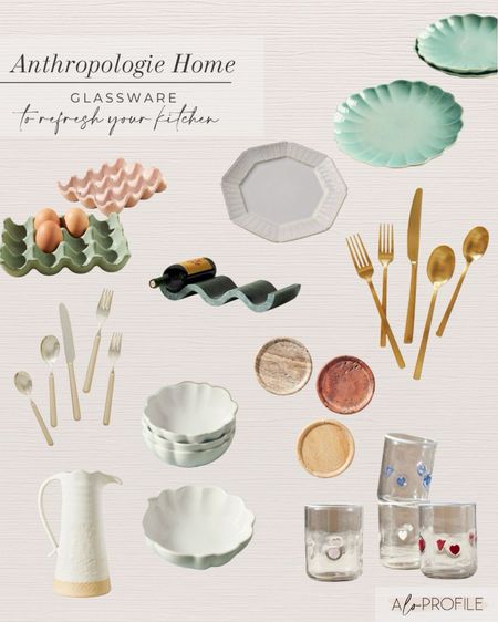 Anthropologie Home // plates, flatware, bowls, glassware, wine rack, egg container, coasters, pitcher, home decor 