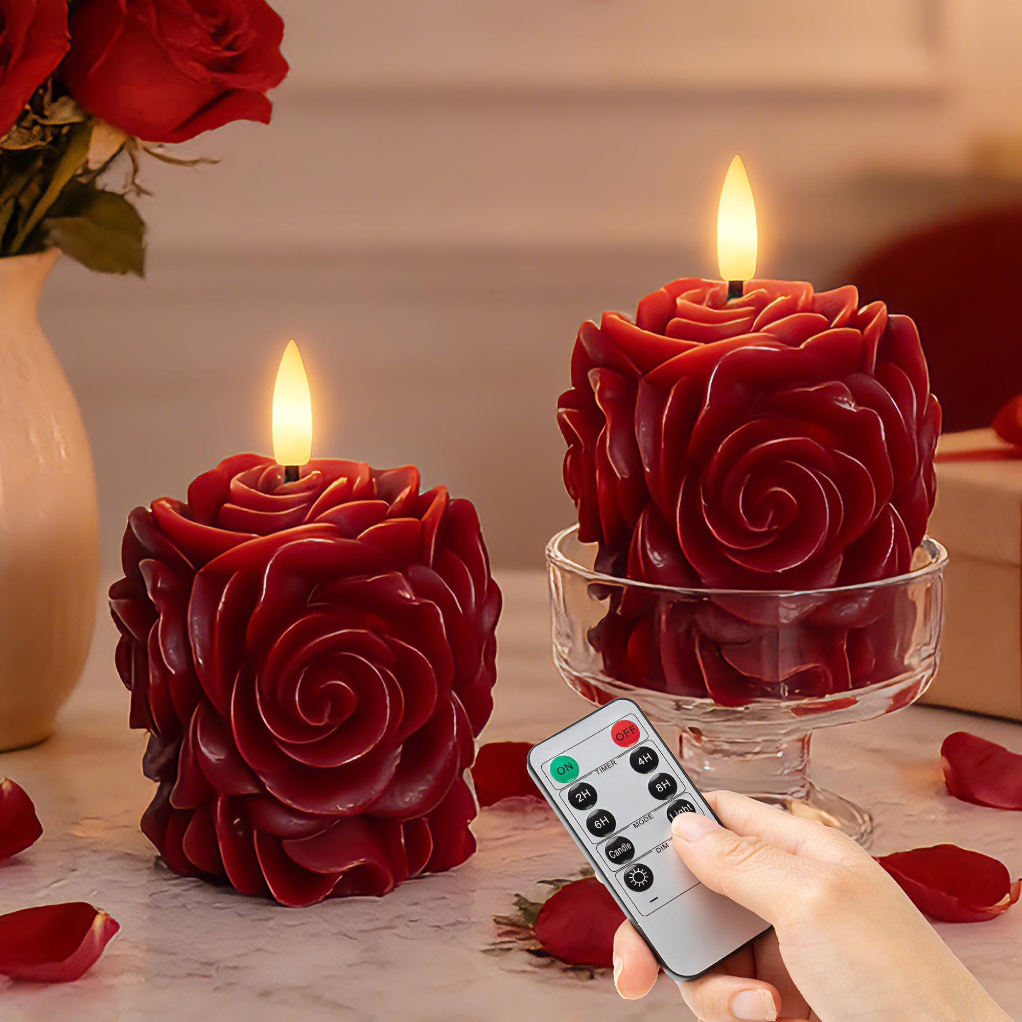 AFINETH Rose Flameless Candles with Remote, Valentines Battery Operated Candles, Real Wax Red LED... | Amazon (US)