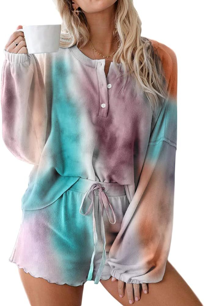 Women's Tie-Dye Pajamas Lounge Sets Long-Sleeve Tops and Ruffle Shorts PJ Set Comfy Loungewear Sleep | Amazon (US)