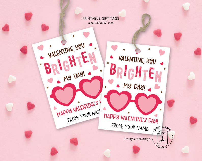 Heart Sunglasses Valentine Tag, You Brighten My Day Valentines Day Tags, Classroom Valentines for... | Etsy (US)