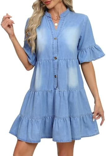 CYLADY Women Denim Dresses Casual V Neck Ruffle Short Sleeve Summer Denim Jean Dress | Amazon (US)