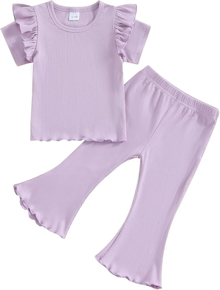 Fernvia Toddler Baby Girl Summer Clothes Set Ruffle Knit Ribbed Short Sleeves T-Shirts Tops Pants... | Amazon (US)