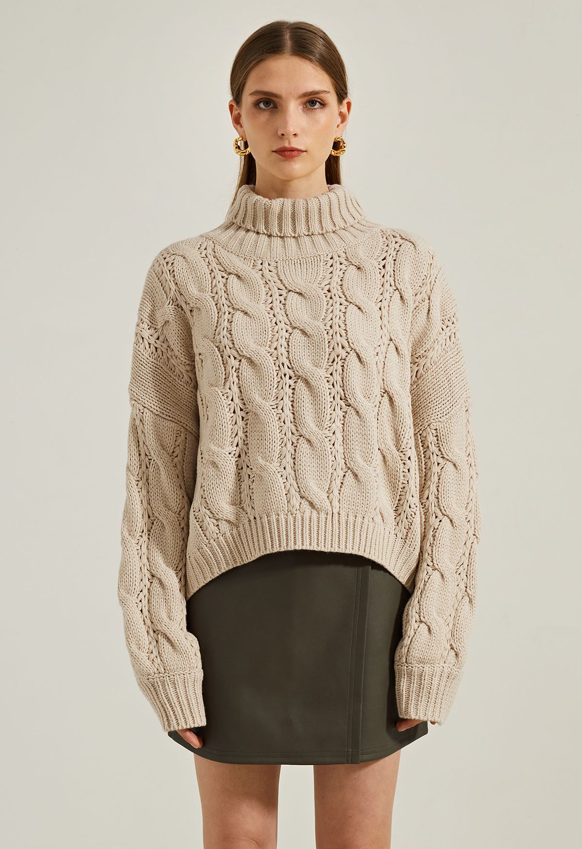 Turtleneck Braid Knit Crop Sweater in Camel | Chicwish