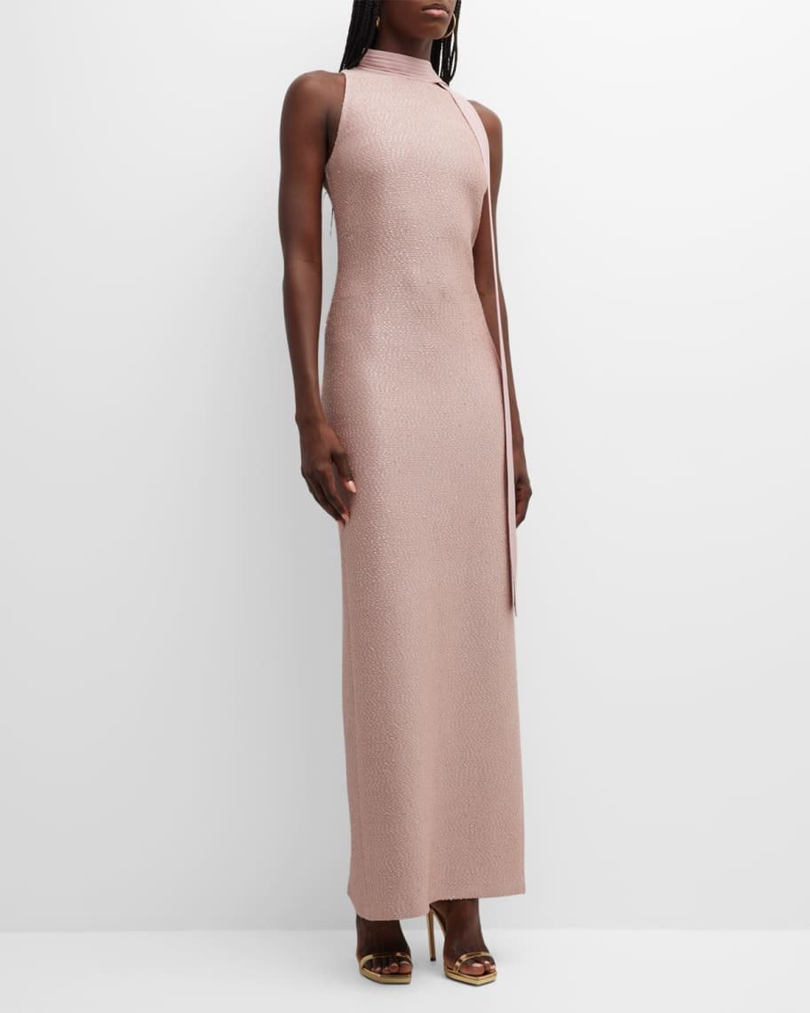 St. John Crepe De Chine Neck-Tie Sequin Knit Halter Gown | Neiman Marcus