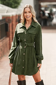 NewGreen Corduroy Collared Long Sleeve Mini Shirt Dress | Cupshe US