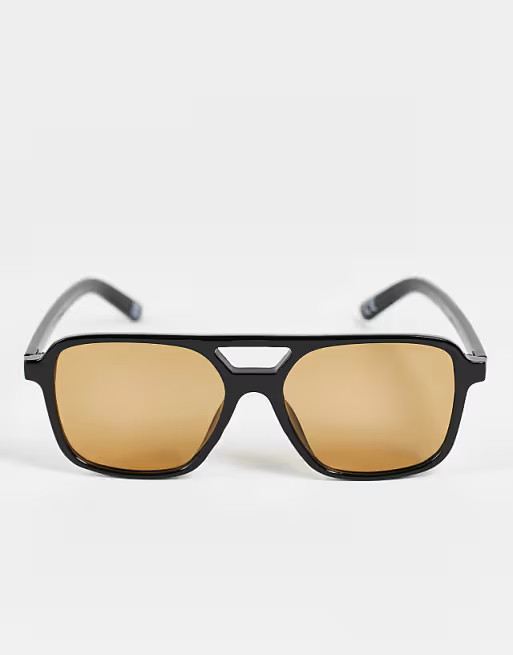 ASOS DESIGN – Piloten-Sonnenbrille in Schwarz mit braun getönten Gläsern | ASOS (Global)