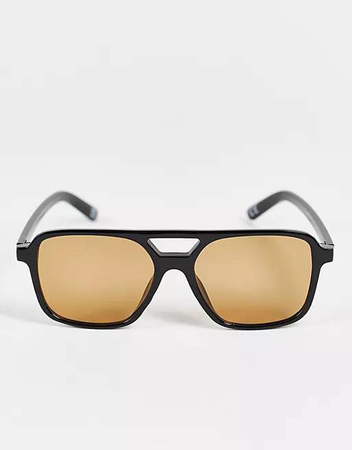 ASOS DESIGN – Piloten-Sonnenbrille in Schwarz mit braun getönten Gläsern | ASOS (Global)
