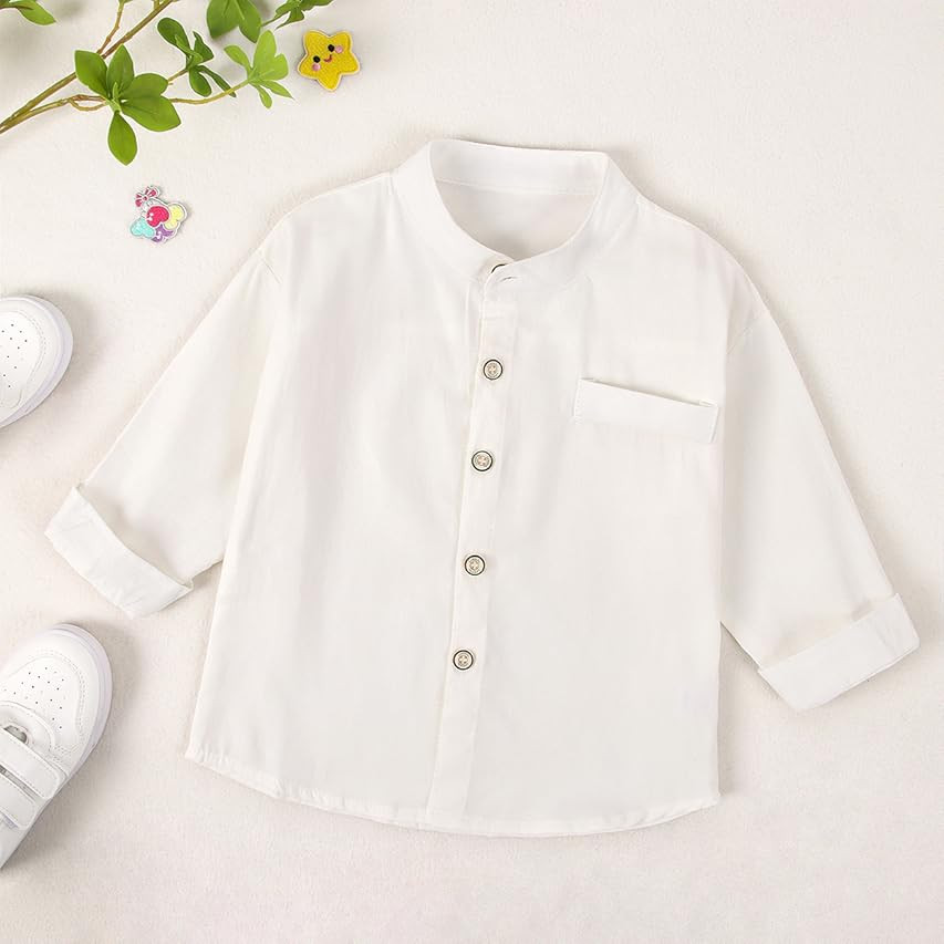 MOMOLAND Little Big Boys Long Sleeve Mandarin Collar Woven Cotton Button Down Linen Design Shirt Sol | Amazon (US)