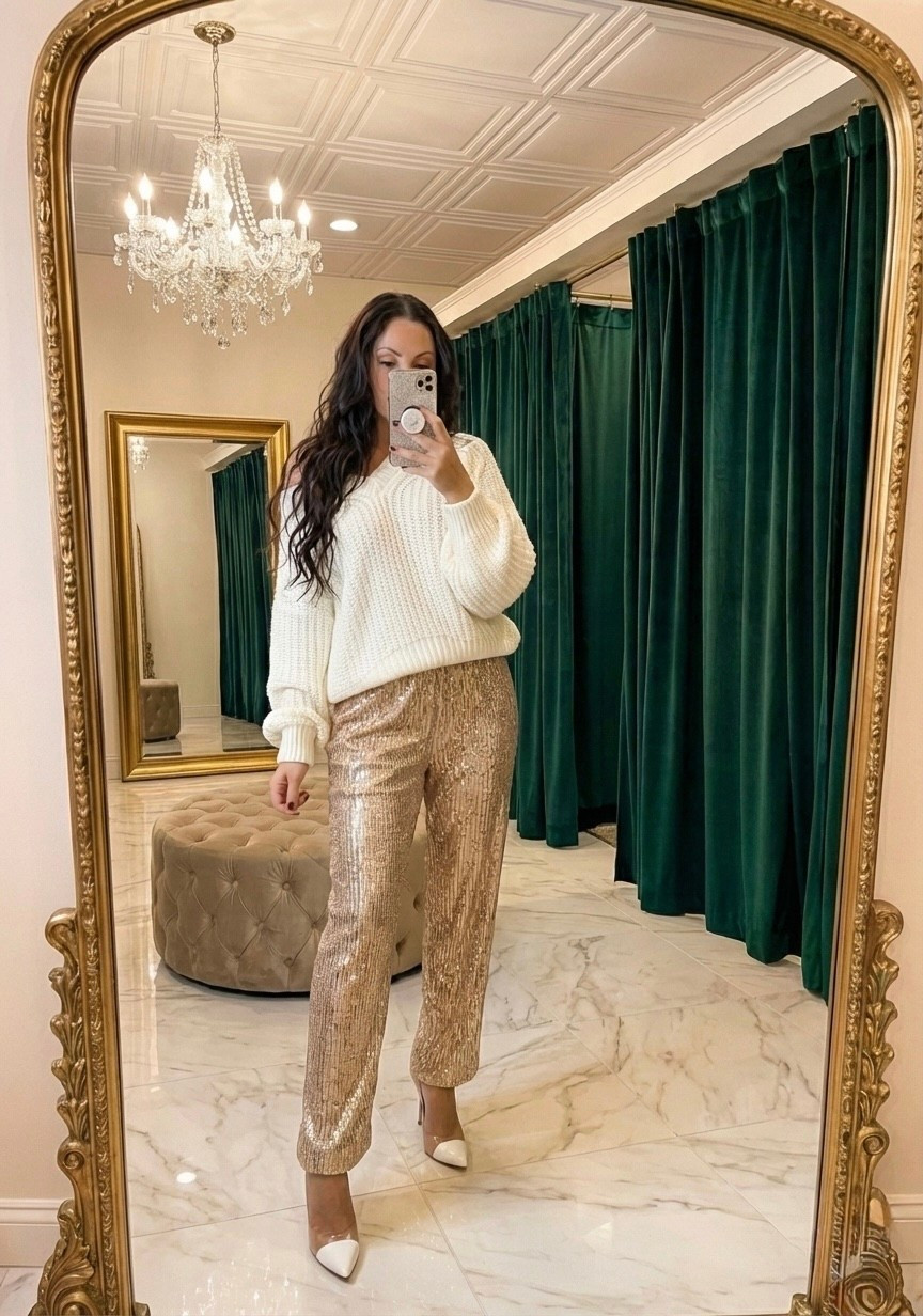 My pants are gone in gold but they are on awesome sale in black sequin in Bloomingdale’s 

#LTKHoliday #LTKMidsize #LTKSaleAlert