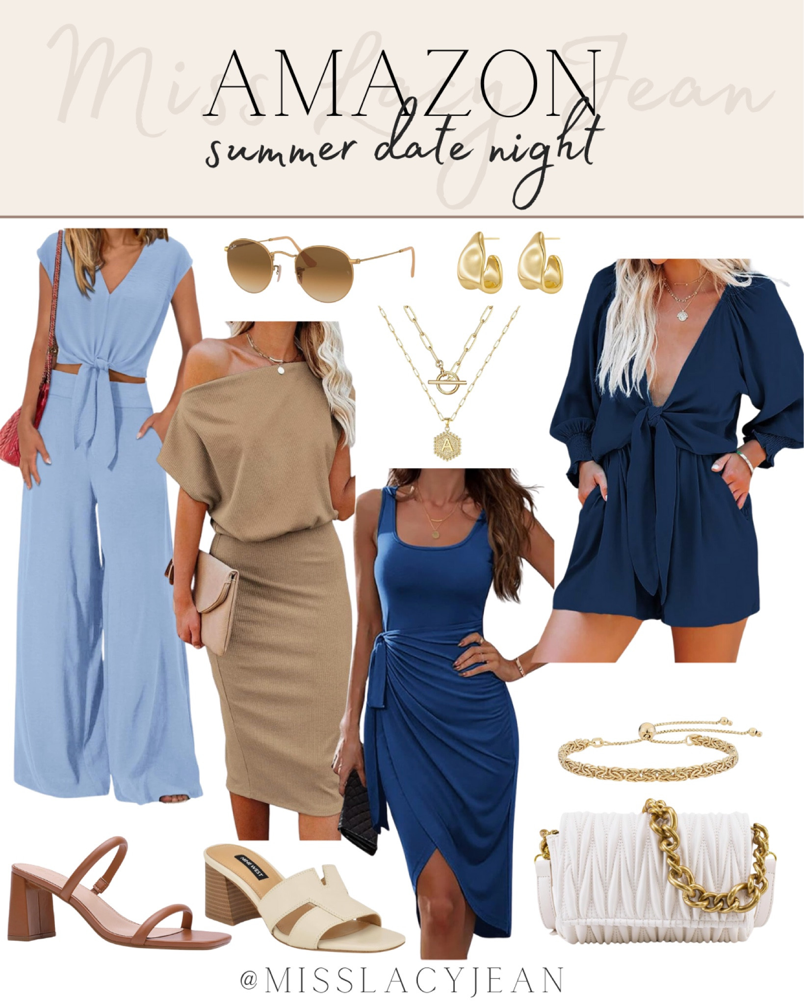Summer date night outfits include romper, summer dress, romper, sunglasses, earrings, necklace, handbag, bracelet, sandals, heeled sandals.

Date night, date night outfit, summer date night, summer dress

#LTKStyleTip #LTKShoeCrush #LTKFindsUnder50